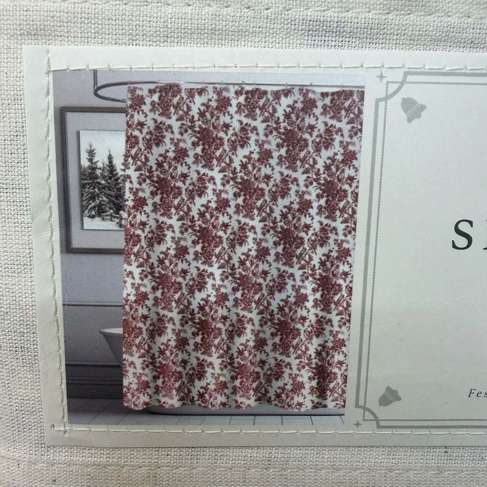 Envogue Holiday Collection Shower Curtain Cream Burgundy Winter Cardinal Toile